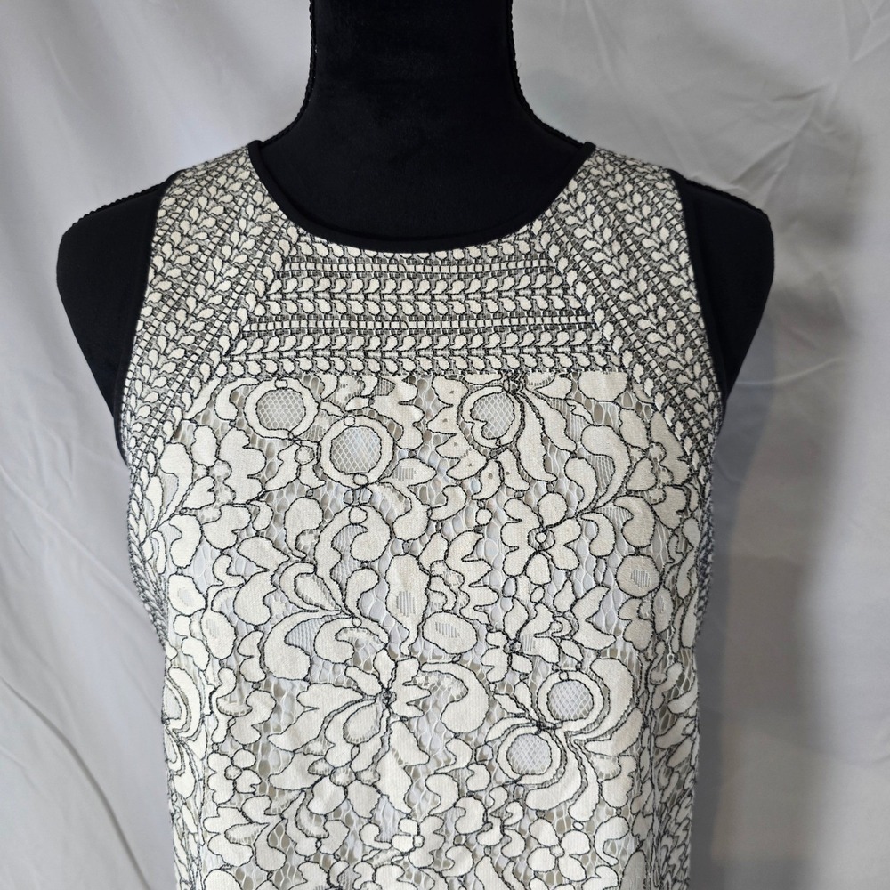 LOFT Womens Ivory Black Floral Lace Sleeveless Shift Dress Cocktail Wedding | 4